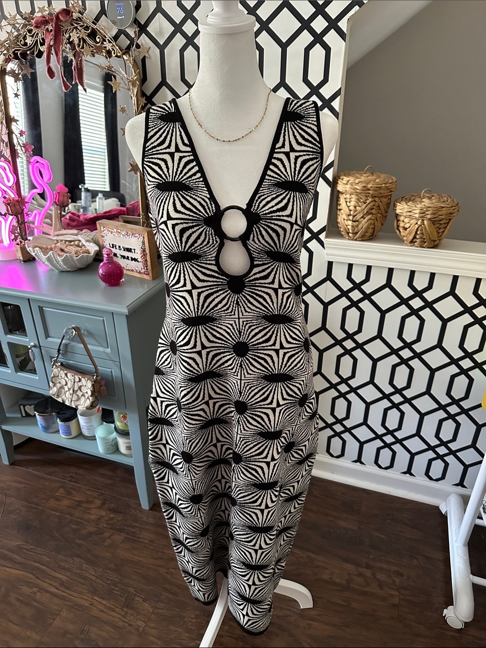 House of Harlow 1960 Black and White Geometric Midi Dress with Ring Detail